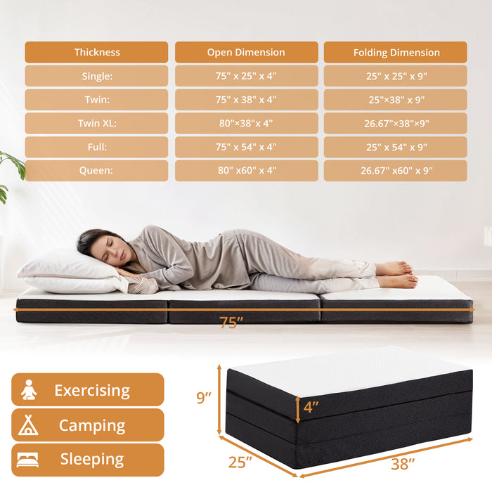 Blorly Tri-Fold Mattress, 3-Inch Queen-size Tri-Fold Memory Foam for Camping, Office with Washable Cover