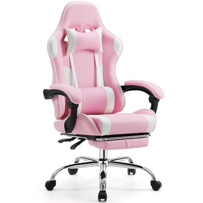 Simenmax Gaming Chair with Footrest, PU Leather High-Back Desk Chair, Adjustable Lumbar Support & Linkage Armrest, 275 lbs Capacity, Pink White