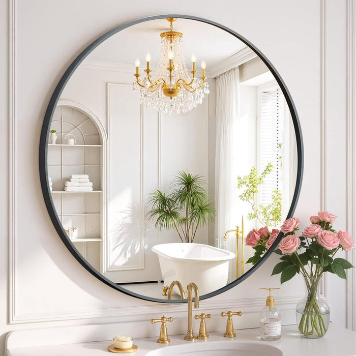 Simenmax 24''Round Wall Mirror, Metal Frame Bathroom Mirror for Bathroom Vanity, Entryway, Bedroom, Living Room, Large Circle Decorative Mirror,Black