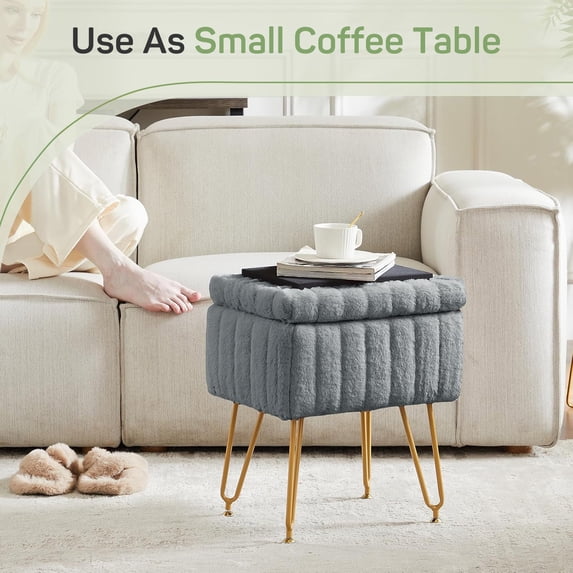 Parcus Faux Fur Vanity Stool with Storage, 16"L x 12.2"W x 18.9"H, Makeup Ottoman Chair with Padded Seat, 4 Metal Legs & Adjustable Anti-Slip Feet