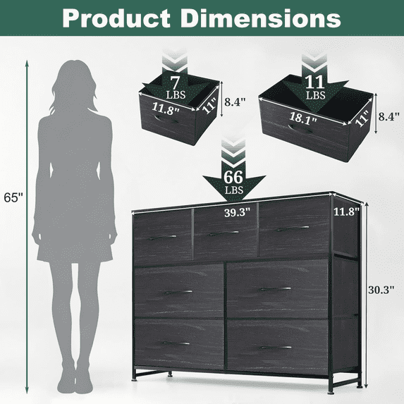 Aidoly Dresser for Bedroom, 7 Storage Drawers, Anti-Tip Wide Fabric Closet Organizer Tower Furniture, Wooden Top with Metal Frame