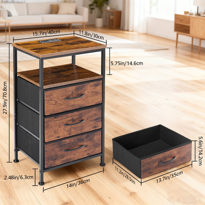 Beddle Nightstand, Beddle LED Bedside End Table with Charging Station, Bedroom Fabric Drawers Night Stand, USB/Type-C Ports & Outlets, Black