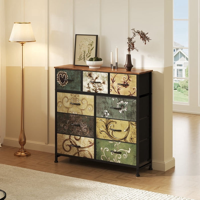 Nextay 9-Drawer Fabric Dresser, Tall Vertical Chest with Floral Design and Wood Top for Bedroom, Hallway, Dorm
