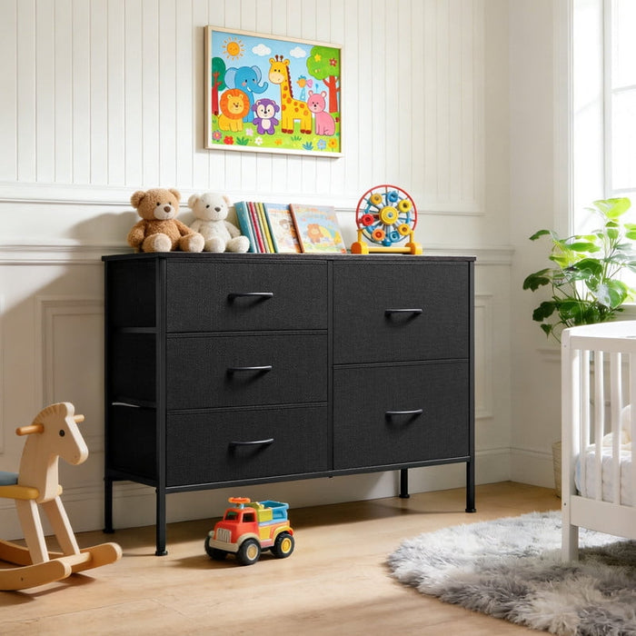 Blorly 5 Drawers Dresser, Storage Dresser Organizer with Drawers, Chest of Drawers, TV Stand Dresser with Metal Frame and Wood Tabletop for Bedroom, Guest Room, Closet, Entryway, Nursery, Black