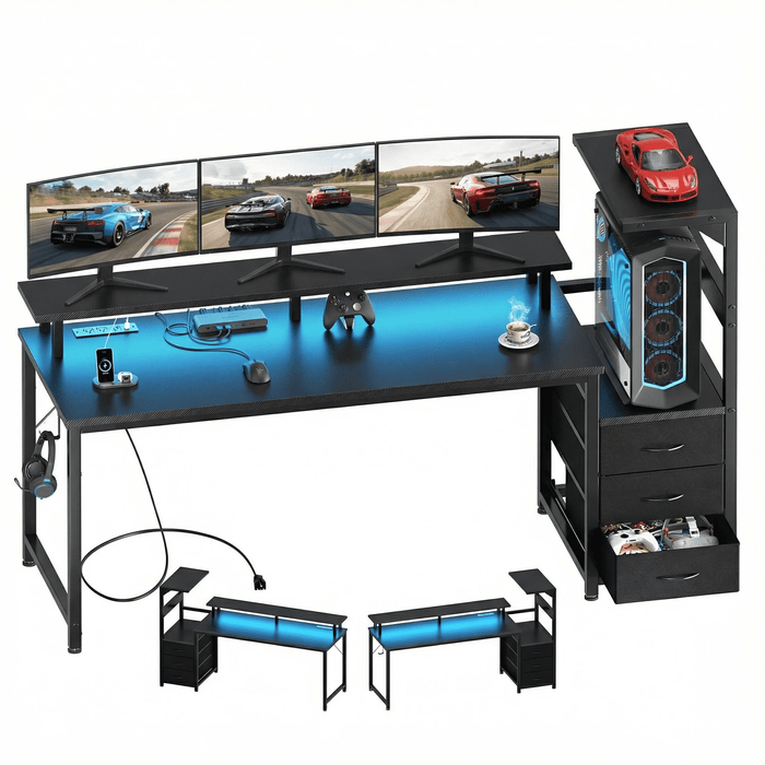 Taoset Reversible Gaming Desk with LED Lights, Power Outlet & 3 Fabric Drawers, 59" Carbon Fiber Computer Desk with Full Triple Monitor Riser, CPU Storage Tower Headset Hook for Home Office Dorm, Black
