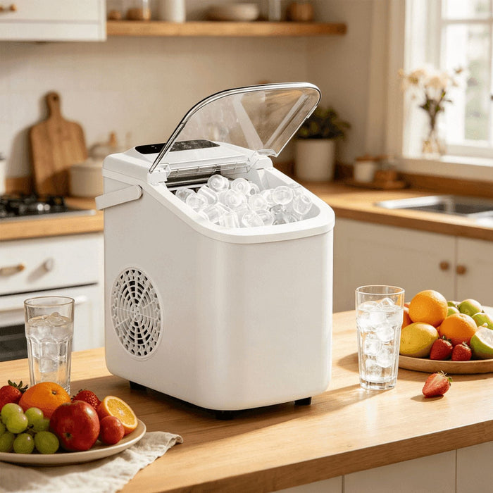 Taoset Portable Countertop Ice Maker with Handle, Self-Cleaning Bullet Ice Maker, 9 Ice Cubes Ready in 6 Minutes, 26lbs/24H, Eco-Friendly with Ice Scoop & Basket for Home, Office, Bar, Party, RV (White)