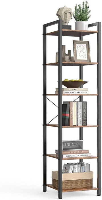 Simenmax 6-Tier Bookcase - Slim Freestanding Shelf with Steel Frame, Rustic Brown & Black for Living Room, Office, Bedroom