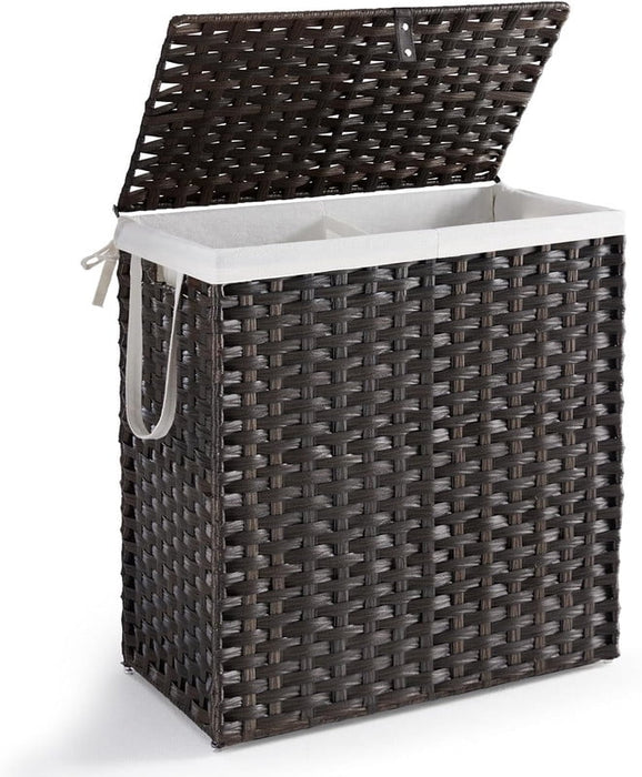 Simenmax 110L Foldable Laundry Hamper with Lid, Woven Laundry Basket with Removable Washable Liner, Rattan Clothes Hamper Sturdy Steel Frame Rattan Basket, Brown