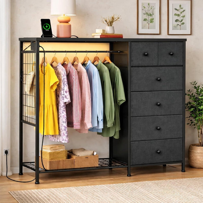Simenmax 6-Drawer Storage Closet with LED Lights & Charging Station, 49.2" Wide Wooden Wardrobe Rack with Fabric Bins,Portable Clothing Organizer for Bedroom, Entryway, Gray