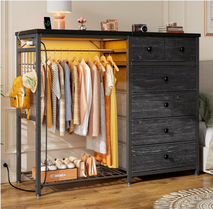 Simenmax 6-Drawer Storage Closet with LED Lights & Charging Station, 49.2" Wide Wooden Wardrobe Rack with Fabric Bins,Portable Clothing Organizer for Bedroom, Entryway, Black Wood