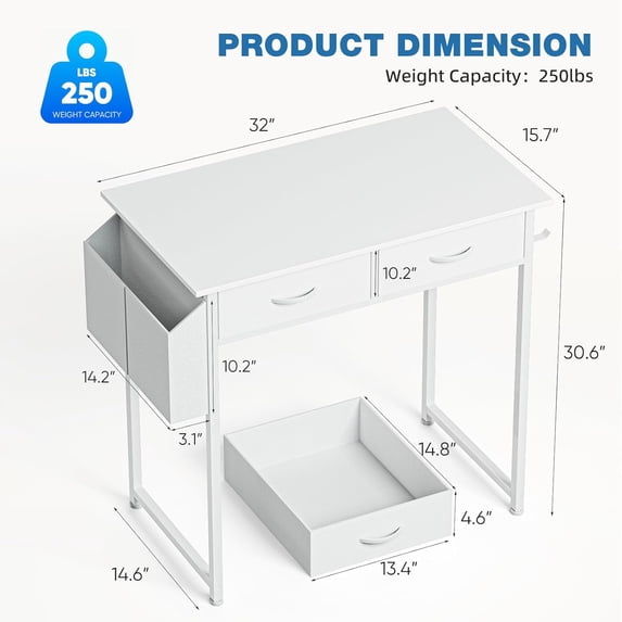 Small Desk with Drawers, Modern Study Writing Table Computer Desks with Storage Bag & Hook for Bedroom Home Office