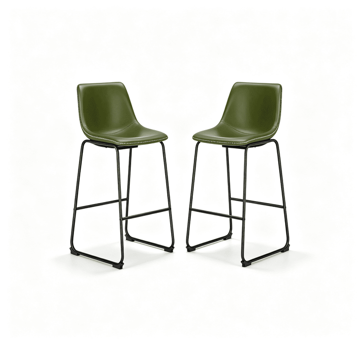 2-Pack Indoor Counter Bar Stools, Modern Metal Faux Leather Barstools, Green, 26 inch