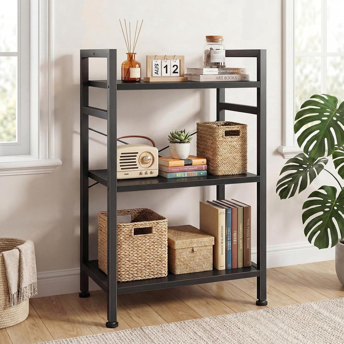 Taoset Bookshelf, 3 Tier Industrial Storage Shelf, Compact Metal & Wooden Bookcase for Small Spaces, Bedroom, Easy Assembly, Black