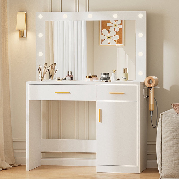 Taoset White Vanity Desk with Mirror, Makeup Vanity Table with Large LED Lights and Power Outlet, 2 Drawer, 1 Cabinet