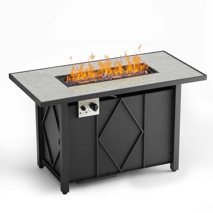 Nextay Propane Fire Pit 43 Inch Rectangle Outdoor Gas Fire Pits, 50,000 BTU Fire Table with Steel Tabletop, Glass Wind Guard, Blue Glass Stone and Waterproof Cover for Outside Patio, Garden, Deck, Yard
