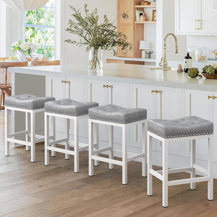Blorly 24" Backless Bar Stools, Set of 4 Counter Height Bar Stools, Leather Saddle Counter Stool, Gray