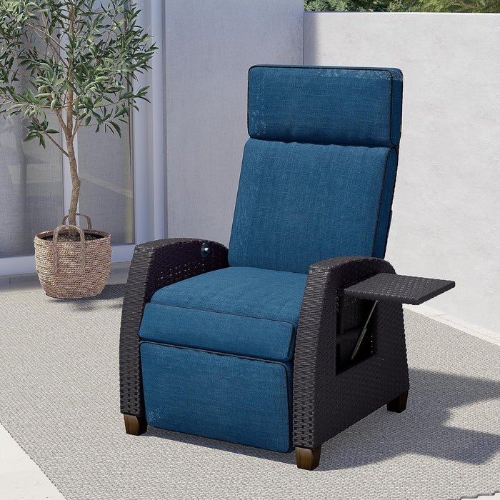 Betcozy Recliner Chair with Seat Cushion, Hand-Woven Wicker Garden Chair, Adjustable Backrest, Rattan Sun Lounger for Indoor Outdoor Use, Blue