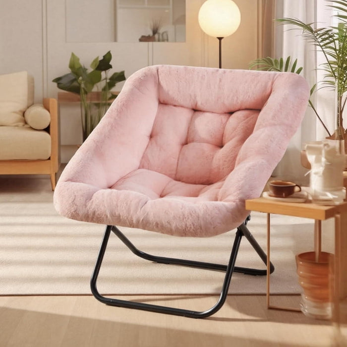Bigleap Foldable Faux Fur Lounge Chair, 450 lbs Capacity Saucer Couch for Bedroom, Dorm, Living Room, Pink