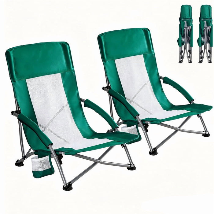 Bigleap 2pcs Portable Beach Chair, Low Heavy Duty Camping Chair with Carry Bag, Breathable Mesh Lawn Chair for Outdoor, Travel, Festival, Green
