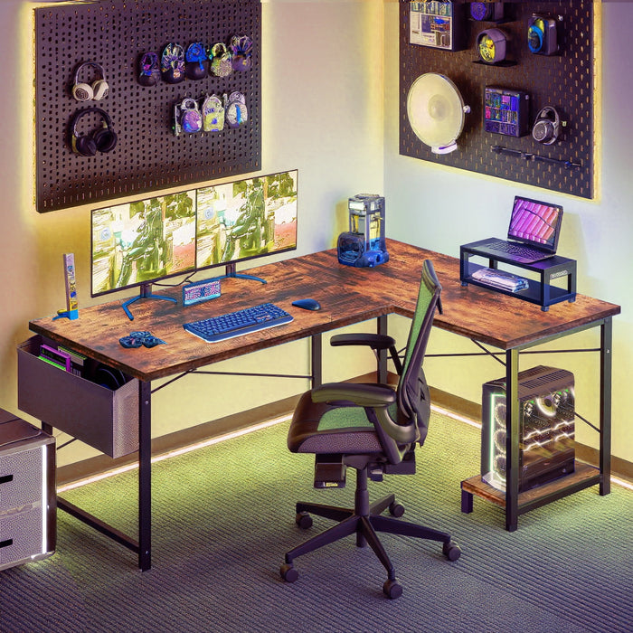 Blorly L Shaped Gaming Desk, 50 Inch Reversible Corner PC Work Table for Writing Study, Wood Tabletop and Metal Frame, CPU Stand Side Bag for Home Office Small Space, Brown