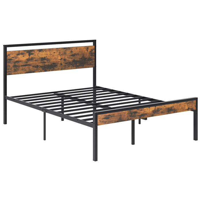 Blorly Full Size Industrial Metal Platform Bed Frame with Rustic Wooden Headboard and Footboard, Heavy Duty Steel Slat Support, No Box Spring Needed, Noise-Free, Easy Assembly, Rustic Brown