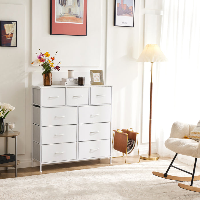 Bigleap 9 Drawer Dresser, Fabric Storage Tower Organizer with Wood Top and Steel Frame for Bedroom, Closet, Hallway, Entryway,White