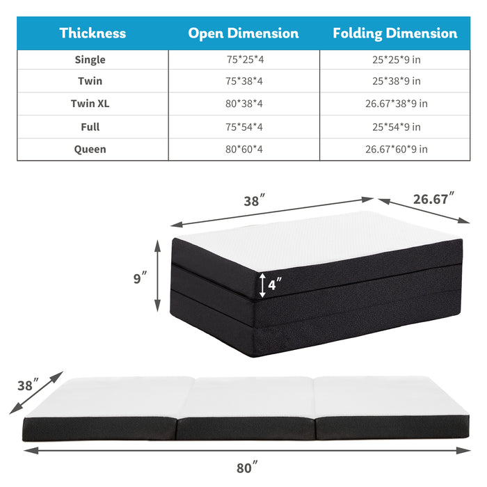 3''Tri-fold mattress Memory Foam Mattress, Single Size
