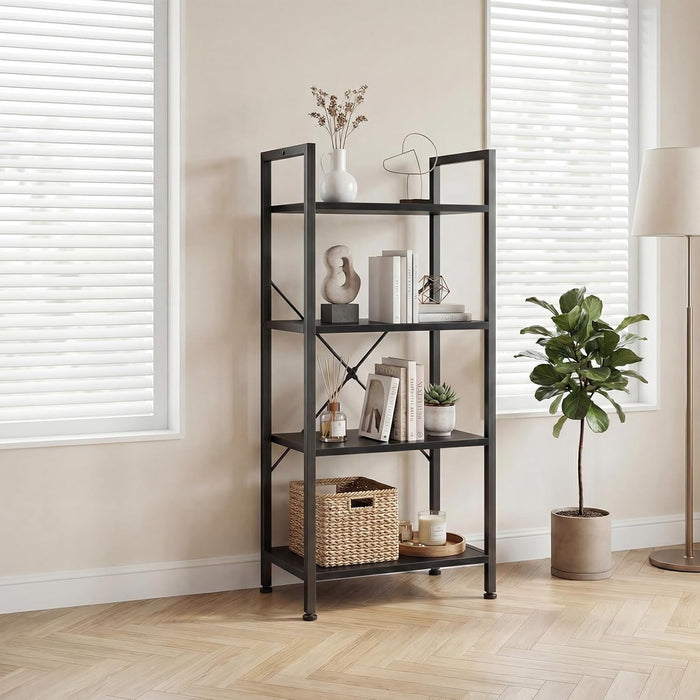 Blorly Bookshelf, 4 Tier Industrial Storage Shelf, Multi-Functional Metal & Wooden Bookcase for Living Room, Kitchen, Easy Assembly,Black