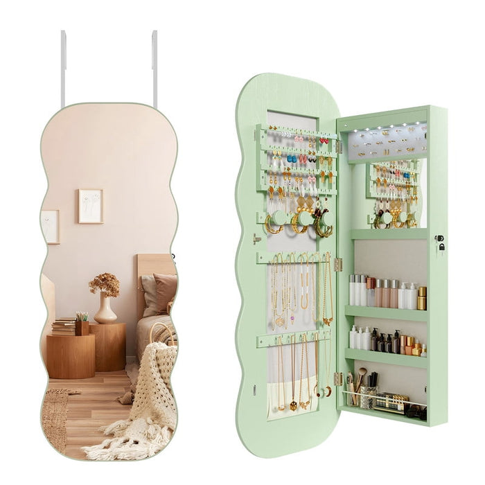 Simenmax 42.5" Wall Mounted Jewelry Cabinet with Full-Length Mirror, Lockable Jewelry Organizer Armoire, Over the Door Hanging Storage with LED Lights, Green