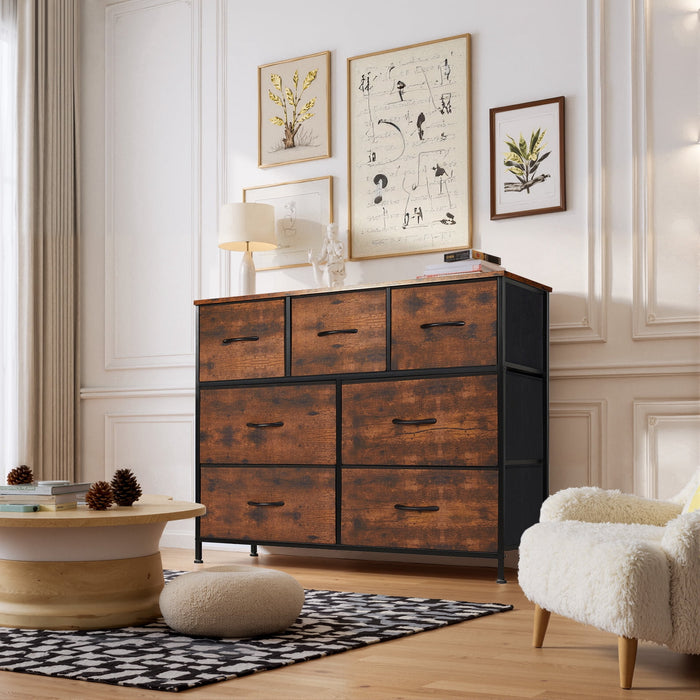 Betcozy 7-Drawer Fabric Dresser, Horizontal TV Stand & Main Bedroom Clothes Storage Unit, Metal Frame with Wooden Top, Rust