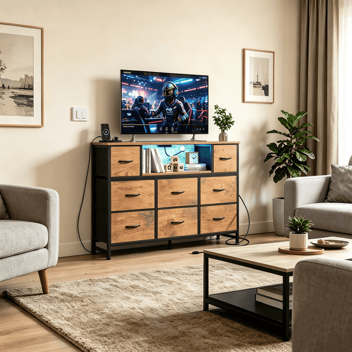 Blorly 8-Drawer TV Stand with LED Lights, Entertainment Center with Open Storage Shelf, Up for 50/55 inch TV, Media Console with Charging Station for Bedroom & Living Room, Rust Brown