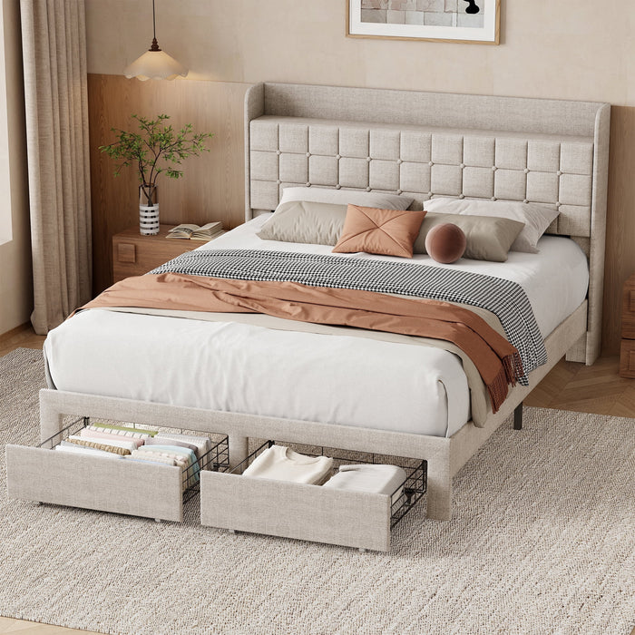 Taoset Queen Size Upholstered Platform Bed Frame with 4 Storage Drawers, Tufted Wingback Headboard with Top Storage Shelf, Heavy Duty Steel Slat Support, No Box Spring Needed, Noise-Free, Beige Linen
