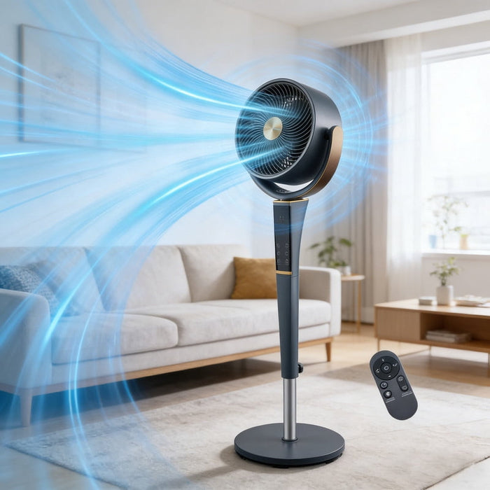Simenmax Quiet Pedestal Fan, Motor Air Circulator with LED Light, 15 Speeds & 5 Modes, Standing Fan with Remote for Bedroom/Office,Gray