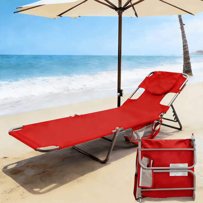 Blorly Beach Lounge Chair, Foldable & Portable Tanning Recliner, Camping Cot for Pool, Patio, Red
