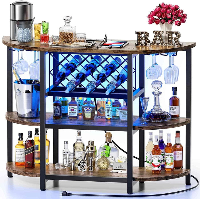 Bigleap 4-Tier Floor Bar Cabinet with LED Lights & Power Outlet, Freestanding Wine Rack and Coffee Bar Station with Glass Holder, Brown