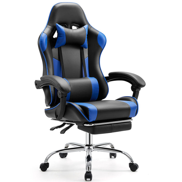 Simenmax Gaming Chair with Footrest, PU Leather High-Back Desk Chair, Adjustable Lumbar Support & Linkage Armrest, 275 lbs Capacity, Black Blue