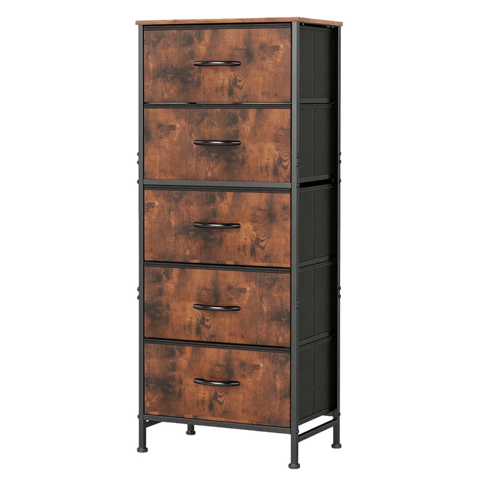 Nextay Nightstand 5-Drawer Fabric Dresser Bedside Table with Sturdy Steel Frame, Tall Storage Tower Chest with Wood Top for Bedroom, Closet, Living Room, Rustic Brown