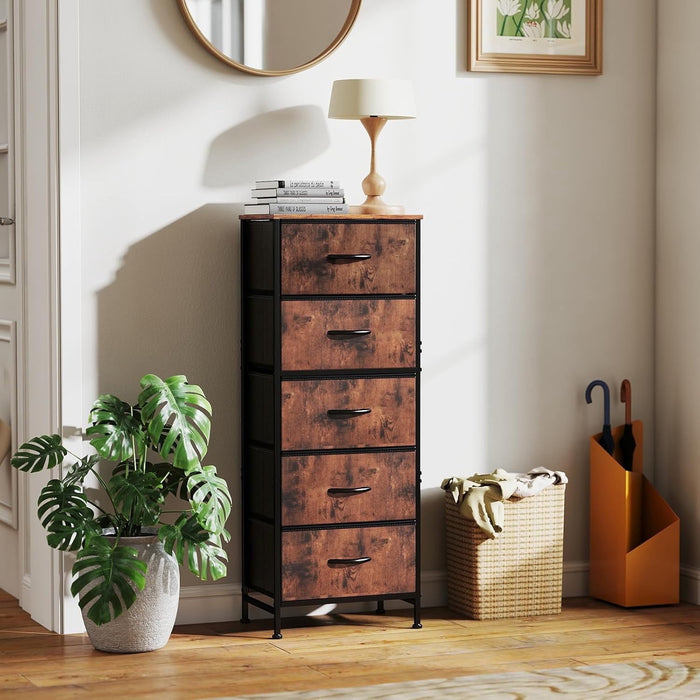 Betcozy 5-Drawer Nightstand Storage Dresser, Classic Bedroom Dresser for Clothes & Nursery Organization, Stable Metal Frame, Wooden Top, Rust