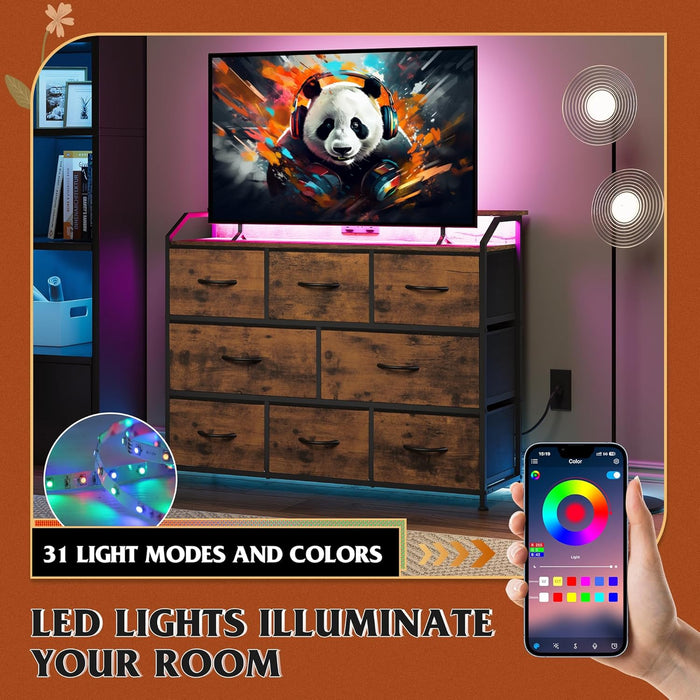 Bigleap LED TV Stand 8-Drawer Dresser with Charging Station, Fabric Chest of Drawers for Bedroom, Living Room, Hallway & Entryway, Brown