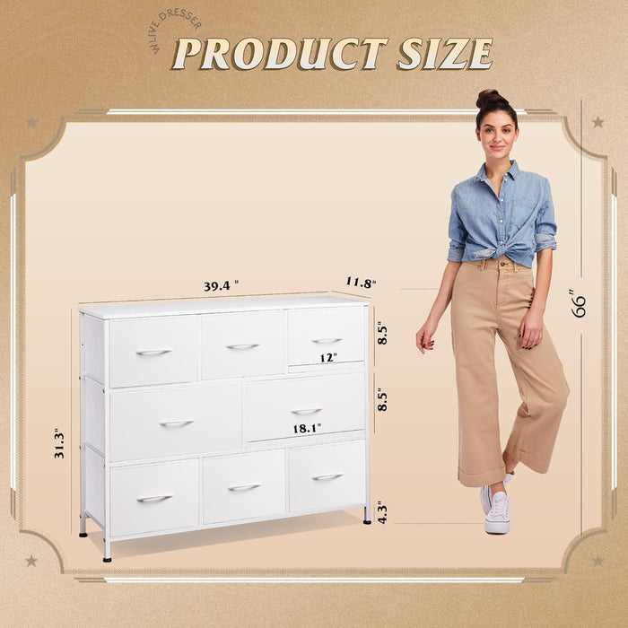 Bigleap TV Stand 8 Drawer Dresser for Bedroom, Large Storage Fabric Dresser with Wood Top, Versatile Chest of Drawers for Living Room, Closet, Entryway,White