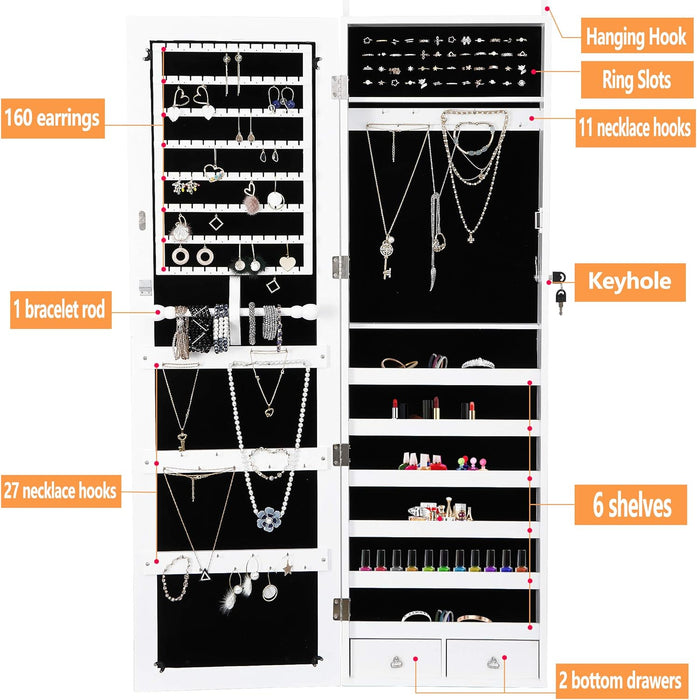 Simenmax 6 LEDs Mirror Jewelry Cabinet, 47.2-Inch Tall Lockable Wall or Door Mounted Jewelry Armoire Organizer with Mirror, 2 Drawers