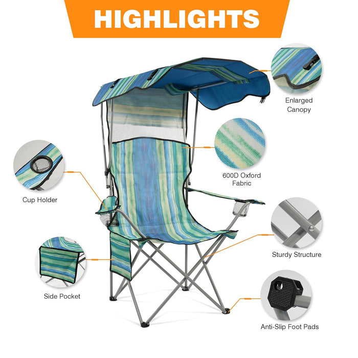 Simenmax Oversized Camping Chair with Sun Canopy - Portable Folding Outdoor Chair with Cup Holders, Side Pocket & Carry Bag, Supports 300 lbs, Turquoise