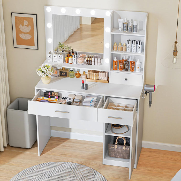 Simenmax Vanity with Mirror and 11 LED Lights, Makeup Vanity Desk with 3 Drawer, 4 Shelves, 1 Cabinet, Dressing Table for Bedroom, White