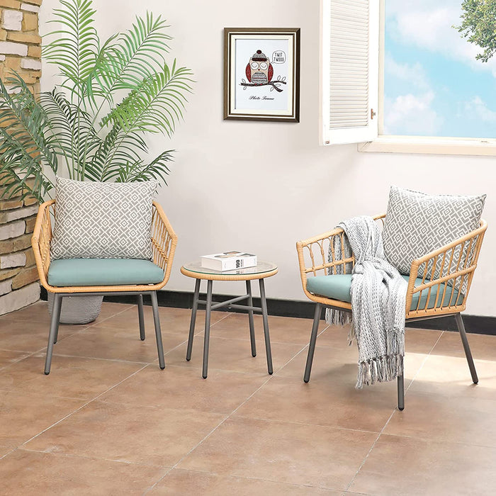 Bigleap 3 Pieces Outdoor Furniture Patio Bistro Set All-Weather Wicker Conversation Set with Tempered Coffee Table, Wicker Chairs, Cushions and 2 Back Pillows for Front Porch Balcony Backyard Deck