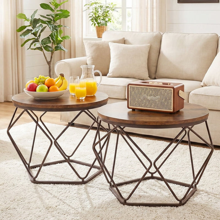 Taoset Modern Geometric Nesting Coffee Table Set of 2, Round Movable Side Tables with Hidden Storage, Practical End Tables for Living Room Decor – Brown