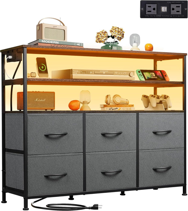 Bigleap TV Stand for 40-45 Inch TVs, 6 Fabric Dresser with RGB LED Lights, Entertainment Center with Charging Station, Gray