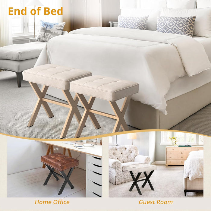 Bigleap Square Ottoman Stool - Beige Linen Footrest, Vanity Stool with Metal Legs, Small Space-Saving Seat for Living Room, Bedroom & Entryway