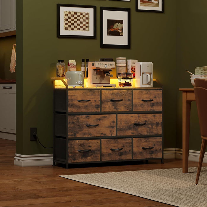 Bigleap LED TV Stand 8-Drawer Dresser with Charging Station, Fabric Chest of Drawers for Bedroom, Living Room, Hallway & Entryway, Brown