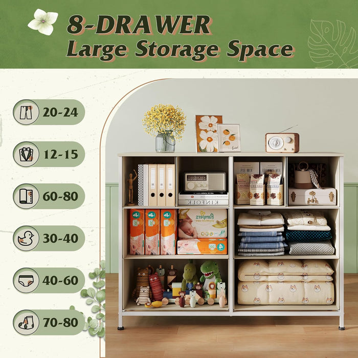 Bigleap 8-Drawer Wide Dresser for Bedroom, Large Fabric Storage Tower for Living Room, Closet & Entryway Organization,Light Gray