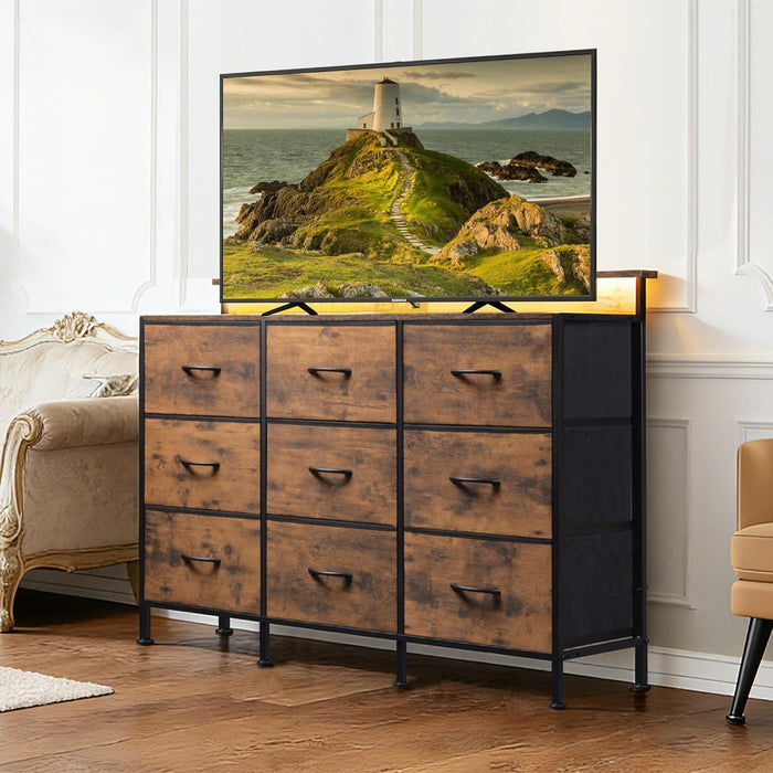 Bigleap LED TV Stand 9-Drawer Dresser Charging Station, Entertainment Center for Bedroom or Living Room, Wood Top Media Console with Fabric Drawers for 45-55 Inch TV, Brown